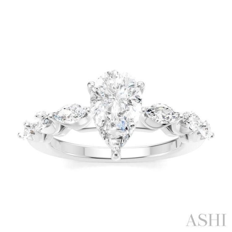 5/8 Ctw Pear Shape Marquise and Round Cut Diamond Semi-Mount Engagement Ring in 14K White Gold