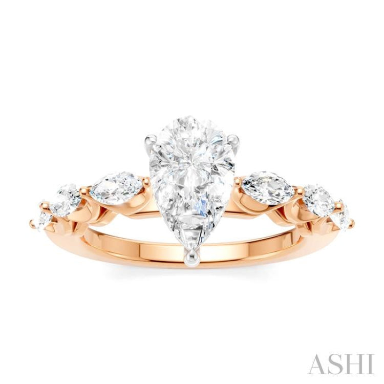5/8 Ctw Pear Shape Marquise and Round Cut Diamond Semi-Mount Engagement Ring in 14K Rose and White Gold
