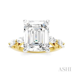 1 Ctw Emerald Shape Marquise and Round Cut Diamond Semi-Mount Engagement Ring in 14K Yellow and White Gold