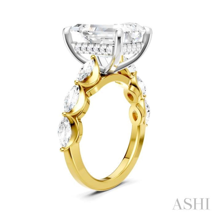 1 Ctw Emerald Shape Marquise and Round Cut Diamond Semi-Mount Engagement Ring in 14K Yellow and White Gold