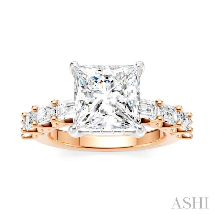 1 1/3 Ctw Princess Shape Emerald and Round Cut Diamond Semi-Mount Engagement Ring in 14K Rose and White Gold