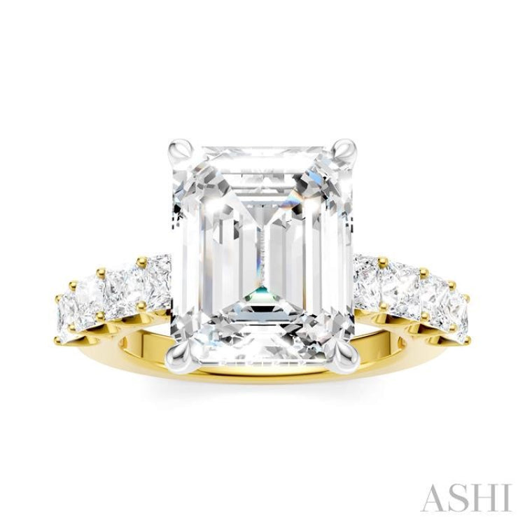 1 1/3 Ctw Emerald Shape Princess and Round Cut Diamond Semi-Mount Engagement Ring in 14K Yellow and White Gold