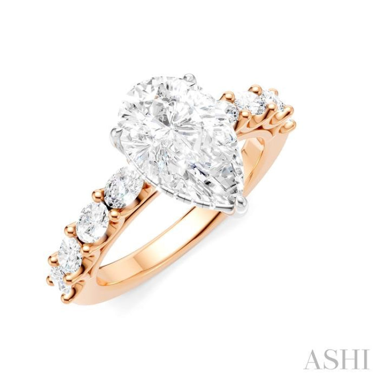 7/8 Ctw Pear Shape Oval and Round Cut Diamond Semi-Mount Engagement Ring in 14K Rose and White Gold
