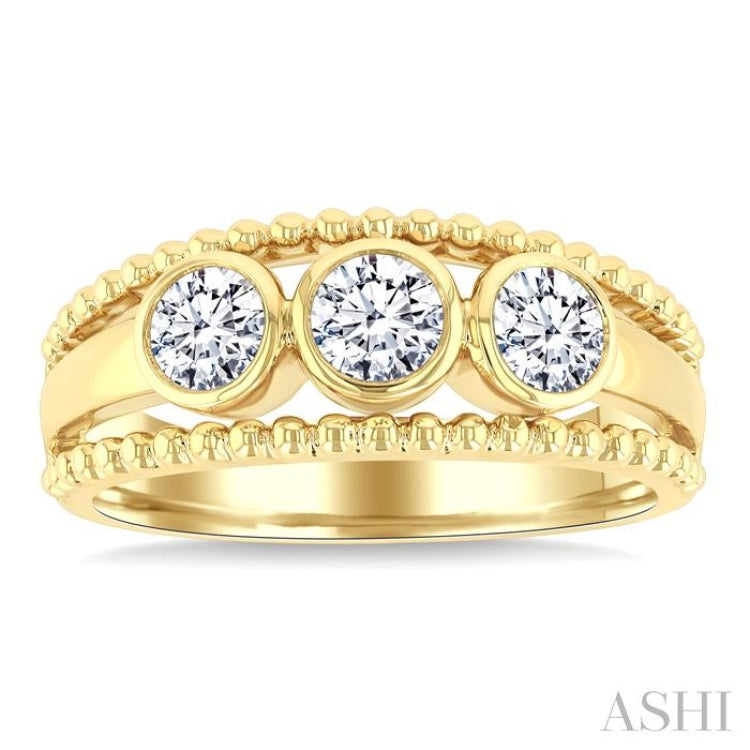 3/4 Ctw 3-Stone Bezel Set Round Cut Diamond Fashion Ring in 14K Yellow Gold