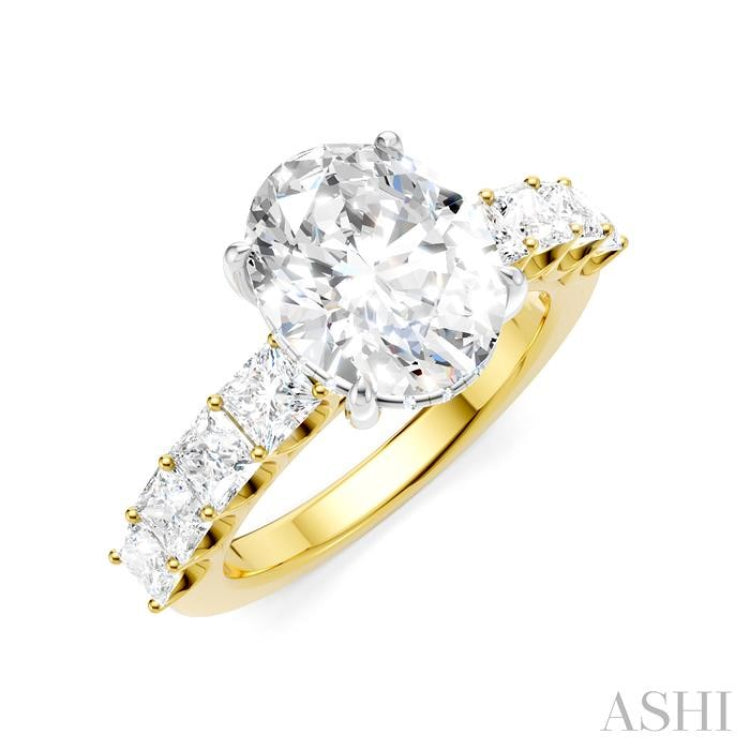 1 1/3 Ctw Oval Shape Princess and Round Cut Diamond Semi-Mount Engagement Ring in 14K Yellow and White Gold