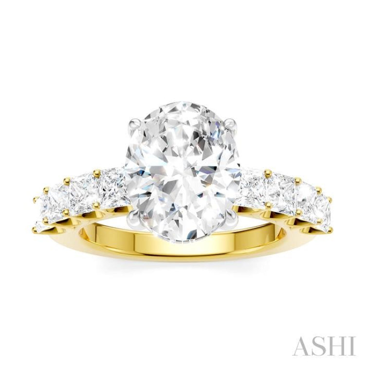 1 1/3 Ctw Oval Shape Princess and Round Cut Diamond Semi-Mount Engagement Ring in 14K Yellow and White Gold
