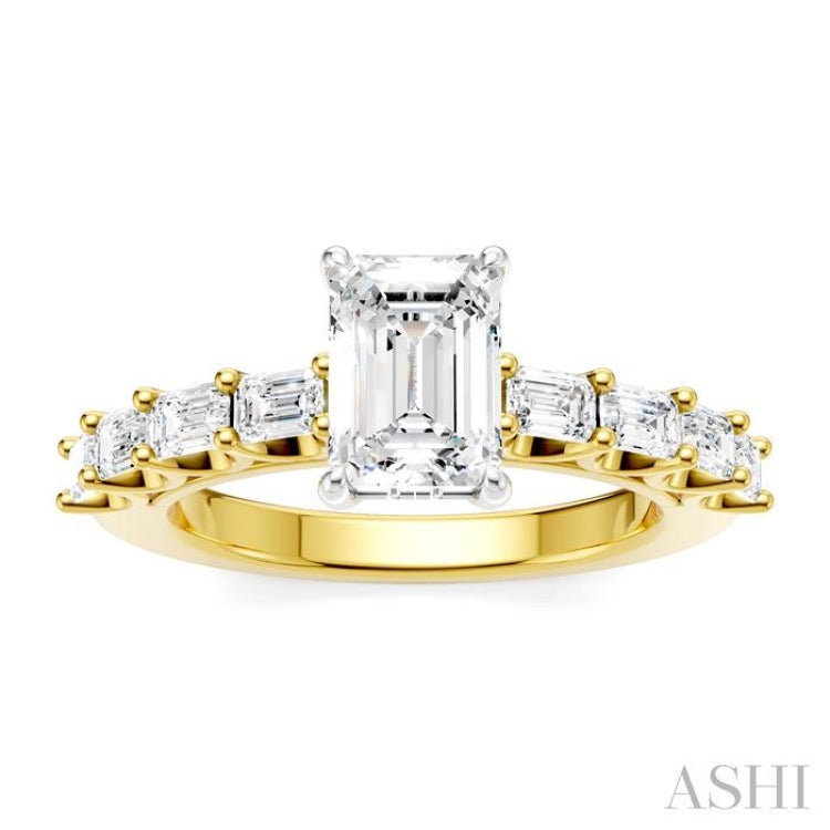 7/8 Ctw Emerald Shape Emerald and Round Cut Diamond Semi-Mount Engagement Ring in 14K Yellow and White Gold