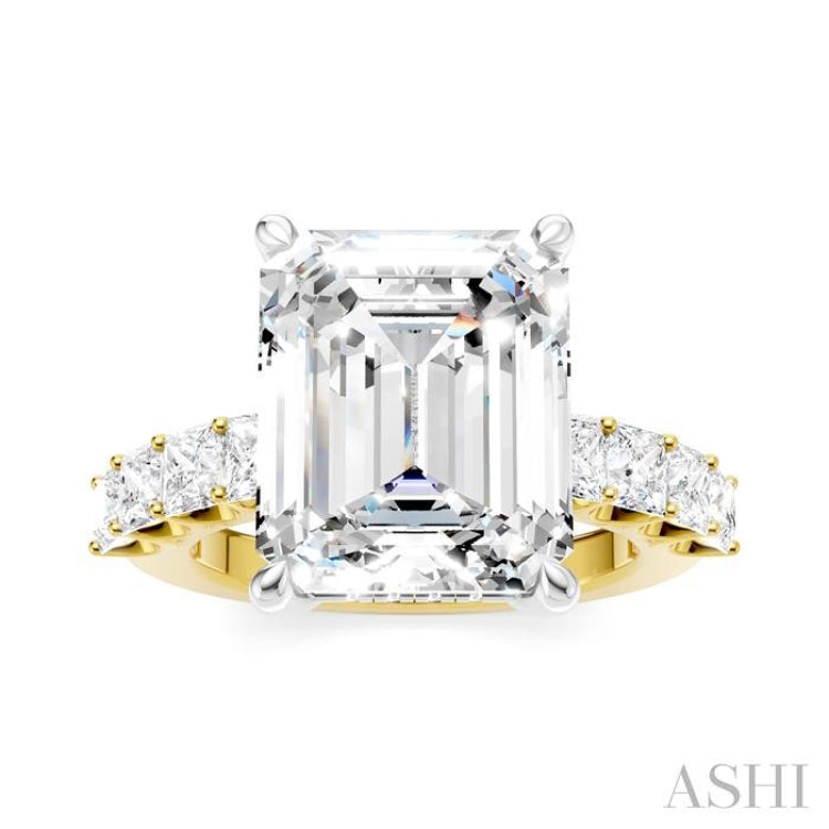 1 1/3 Ctw Emerald Shape Princess and Round Cut Diamond Semi-Mount Engagement Ring in 14K Yellow and White Gold