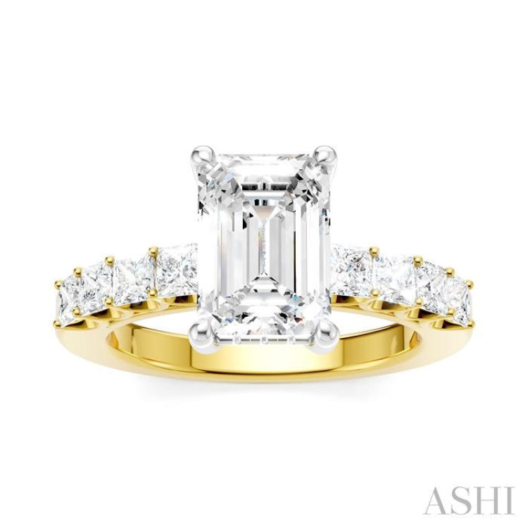 7/8 Ctw Emerald Shape Princess and Round Cut Diamond Semi-Mount Engagement Ring in 14K Yellow and White Gold