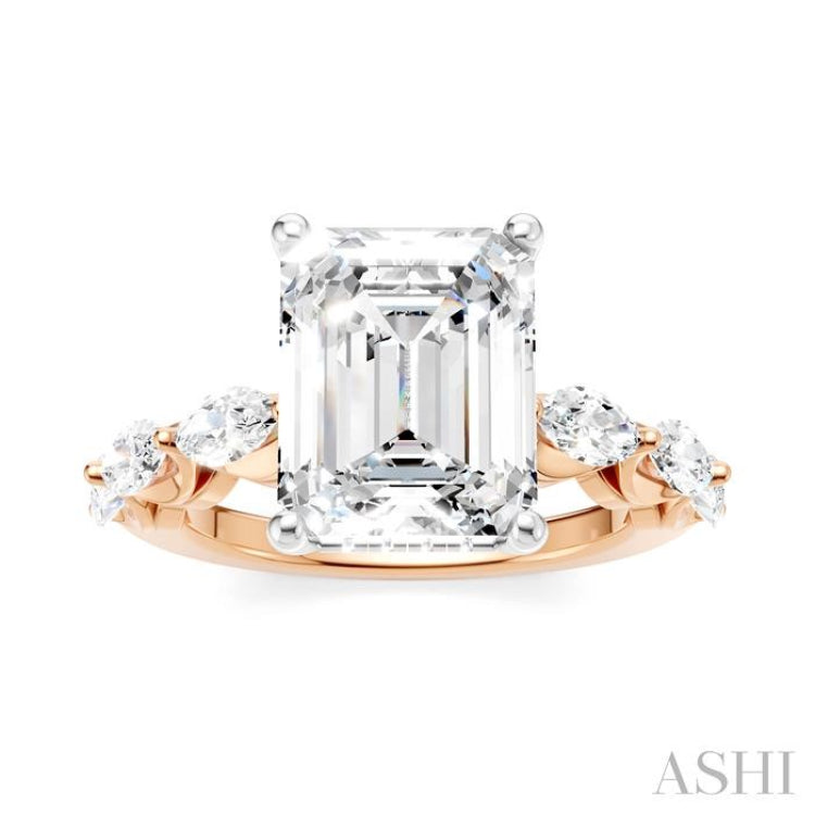 1 Ctw Emerald Shape Marquise and Round Cut Diamond Semi-Mount Engagement Ring in 14K Rose and White Gold