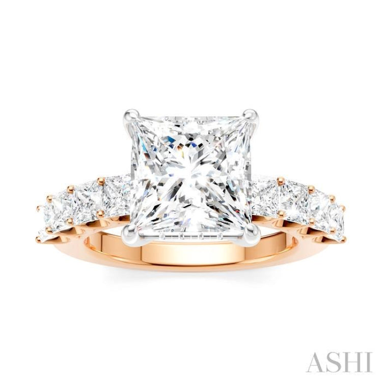 1 1/3 Ctw Princess Shape Princess and Round Cut Diamond Semi-Mount Engagement Ring in 14K Rose and White Gold