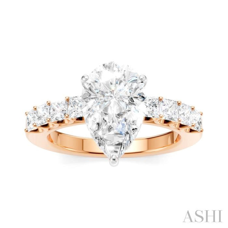 7/8 Ctw Pear Shape Princess and Round Cut Diamond Semi-Mount Engagement Ring in 14K Rose and White Gold