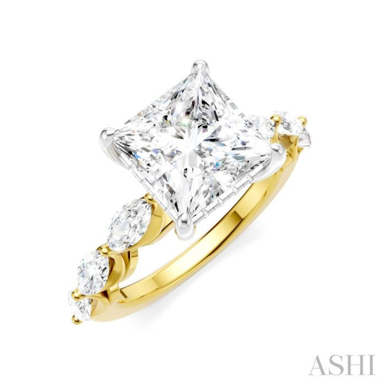1 Ctw Princess Shape Marquise and Round Cut Diamond Semi-Mount Engagement Ring in 14K Yellow and White Gold