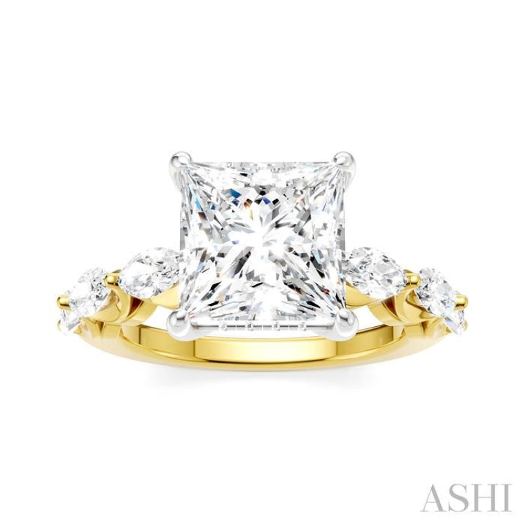 1 Ctw Princess Shape Marquise and Round Cut Diamond Semi-Mount Engagement Ring in 14K Yellow and White Gold