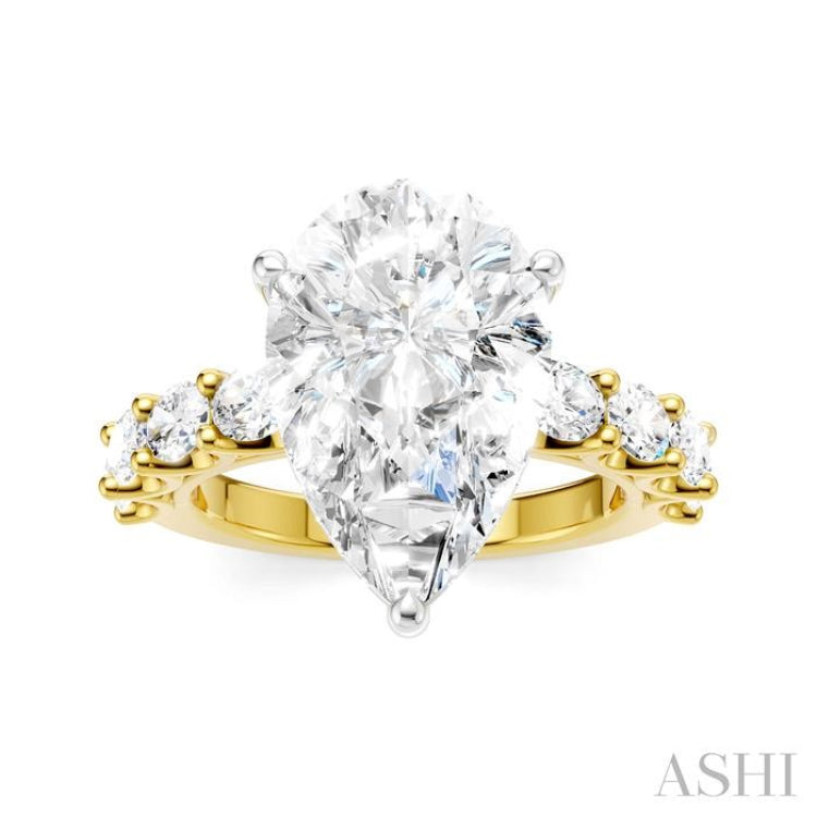 1 1/3 Ctw Pear Shape Oval and Round Cut Diamond Semi-Mount Engagement Ring in 14K Yellow and White Gold