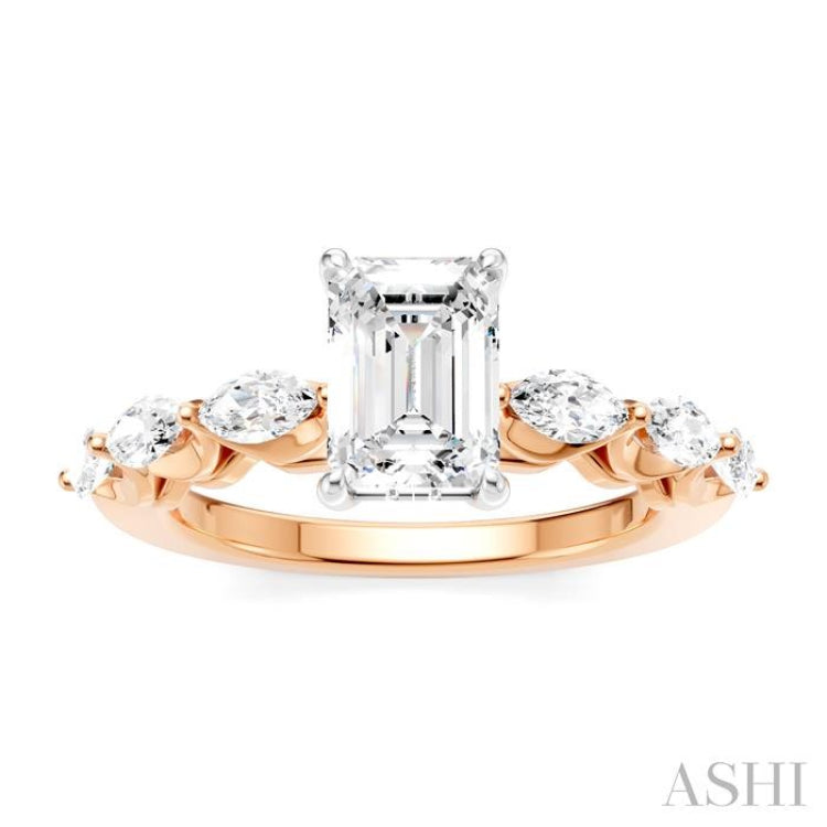 3/4 Ctw Emerald Shape Marquise and Round Cut Diamond Semi-Mount Engagement Ring in 14K Rose and White Gold