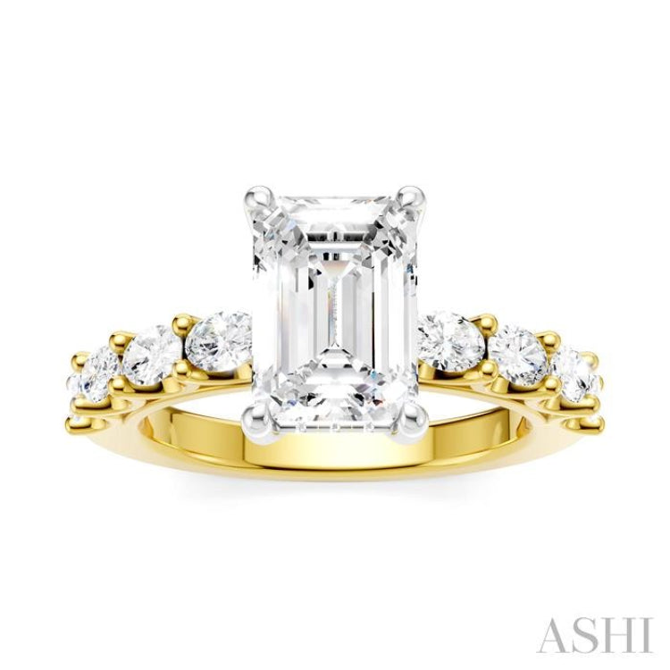 7/8 Ctw Emerald Shape Oval and Round Cut Diamond Semi-Mount Engagement Ring in 14K Yellow and White Gold