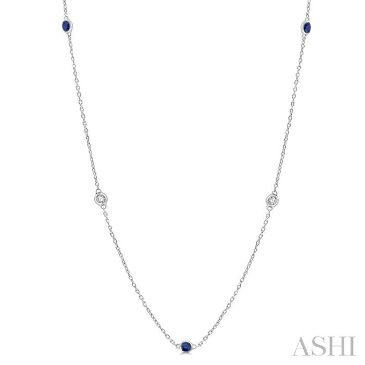 1.75 MM Sapphire and 1/6 Ctw Round Cut Diamond Precious Station Necklace in 14K White Gold