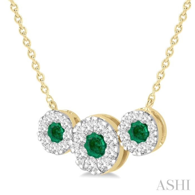 3.80 MM & 3 MM Round Shape Emerald and 5/8 Ctw Round Cut Diamond Past Present & Future Precious Lovebright Necklace in 14K Yellow and White Gold