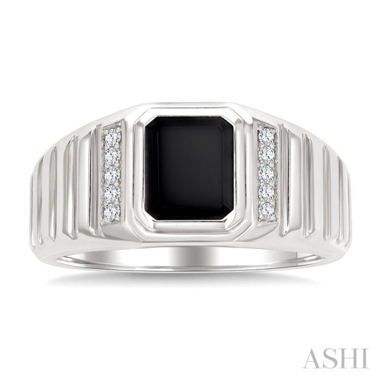 1/10 Ctw 8X7 MM Emerald Cut Onyx and Round Cut Diamond Semi-Precious Men's Ladder Groove Shank Ring in 10K White Gold