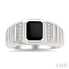 1/10 Ctw 8X7 MM Emerald Cut Onyx and Round Cut Diamond Semi-Precious Men's Ladder Groove Shank Ring in 10K White Gold