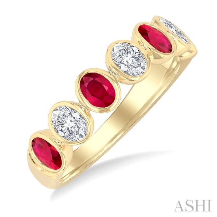 4X3 MM Oval Shape Ruby and 1/2 Ctw Oval Cut Diamond 7 Stone Bezel Set Precious Fashion Band in 14K Yellow Gold