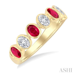 4X3 MM Oval Shape Ruby and 1/2 Ctw Oval Cut Diamond 7 Stone Bezel Set Precious Fashion Band in 14K Yellow Gold