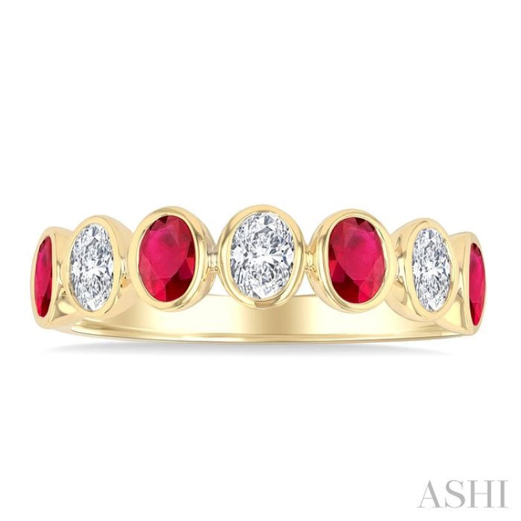 4X3 MM Oval Shape Ruby and 1/2 Ctw Oval Cut Diamond 7 Stone Bezel Set Precious Fashion Band in 14K Yellow Gold
