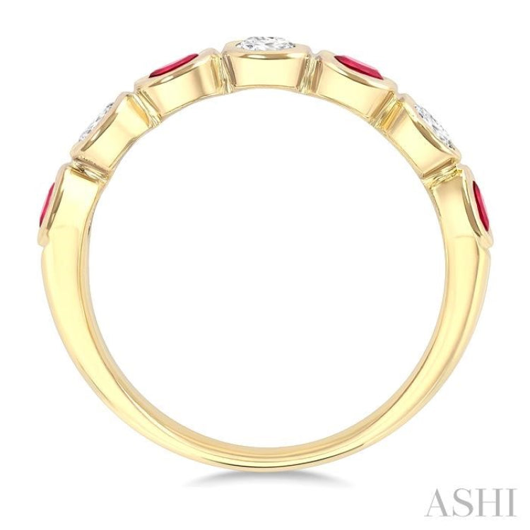 4X3 MM Oval Shape Ruby and 1/2 Ctw Oval Cut Diamond 7 Stone Bezel Set Precious Fashion Band in 14K Yellow Gold