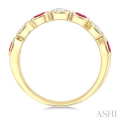 4X3 MM Oval Shape Ruby and 1/2 Ctw Oval Cut Diamond 7 Stone Bezel Set Precious Fashion Band in 14K Yellow Gold