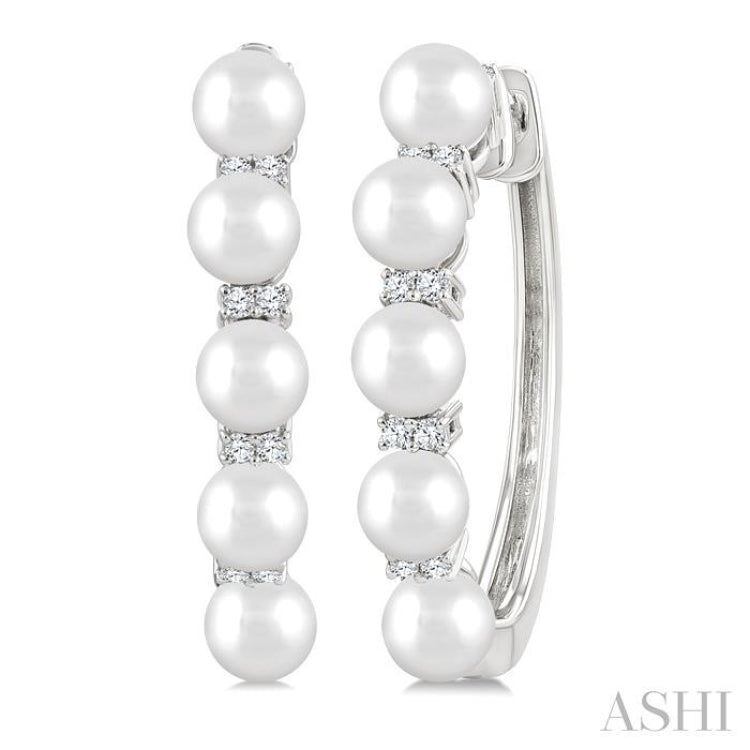 1/6 Ctw 4MM White Pearl and Round Cut Diamond Fashion Hoop Earring in 10K White Gold