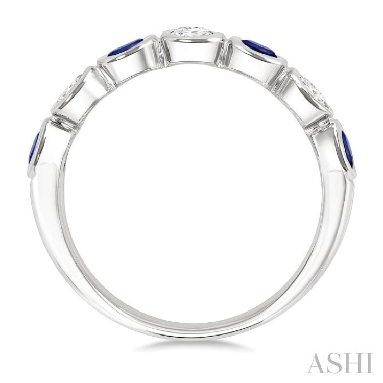 4X3 MM Oval Shape Sapphire and 1/2 Ctw Oval Cut Diamond 7 Stone Bezel Set Precious Fashion Band in 14K White Gold