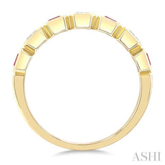 4X3 MM Octagon Shape Ruby and 5/8 Ctw Emerald Cut Diamond 7 Stone Bezel Set Precious Fashion Band in 14K Yellow Gold