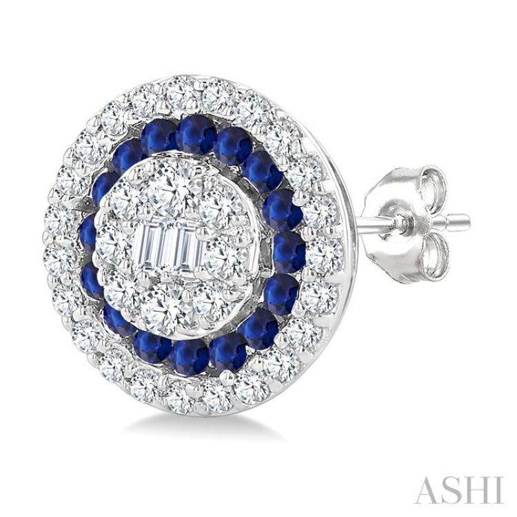 1/3 Ctw Circular Shape 1.00MM Round Cut Sapphire, Baguette and Round Cut Diamond Fusion Precious Stud Earring in 14K White Gold