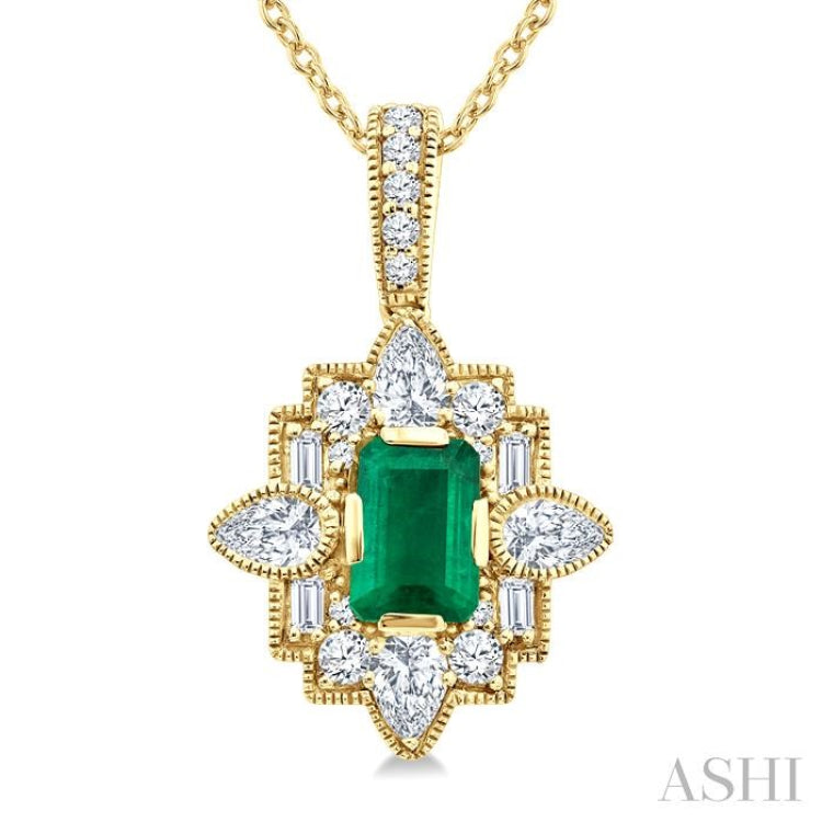 5/8 Ctw Art Deco 6X4MM Octagon Shape Emerald and Mixed Diamond Cut Precious Pendant With Chain in 14K Yellow Gold