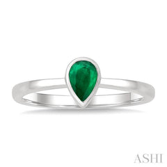6X4 MM Bezel Set Pear Cut Emerald Precious Solitaire Ring in 14K White Gold