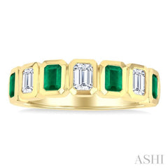 4X3 MM Octagonal Shape Emerald and 5/8 Ctw Emerald Cut Diamond 7 Stone Bezel Set Precious Fashion Band in 14K Yellow Gold
