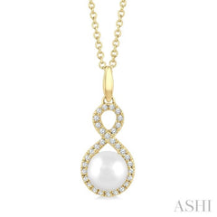 6 MM Cultured Pearl and 1/8 Ctw Round Cut Diamond Petite Fashion Pendant With Chain in 10K Yellow Gold