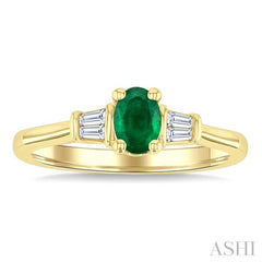 1/10 Ctw Oval Cut 6X4MM Emerald and Baguette Cut Diamond Precious Ring in 14K Yellow Gold