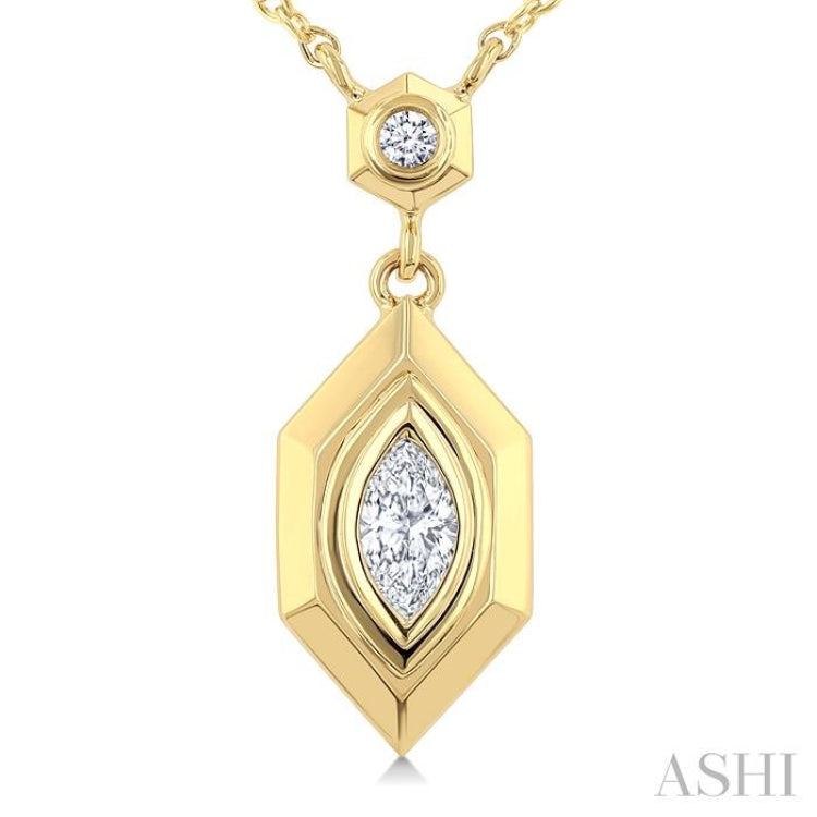 1/6 Ctw Hexagon Shaped Marquise and Round Cut Diamond Fashion Pendant With Chain in 14K Yellow Gold