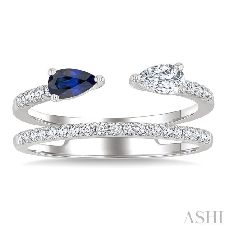 5X3 MM Sapphire, Pear and 1/2 Ctw Split Shank Round Cut Diamond Precious Fashion Ring in 14K White Gold