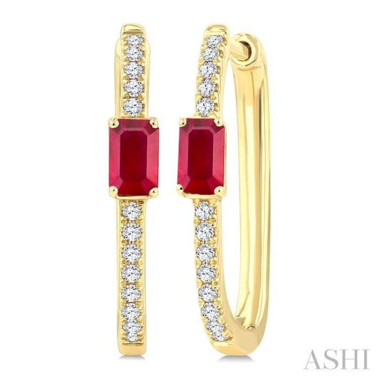 1/5 Ctw Emerald Cut 5X3MM Ruby and Round Cut Diamond Precious Hoop Earring in 10K Yellow Gold