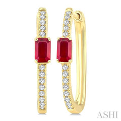1/5 Ctw Emerald Cut 5X3MM Ruby and Round Cut Diamond Precious Hoop Earring in 10K Yellow Gold