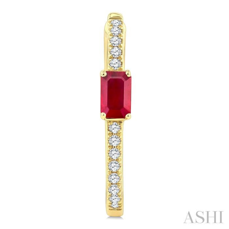 1/5 Ctw Emerald Cut 5X3MM Ruby and Round Cut Diamond Precious Hoop Earring in 10K Yellow Gold
