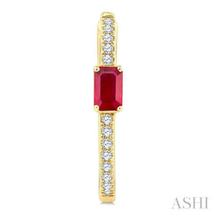 1/5 Ctw Emerald Cut 5X3MM Ruby and Round Cut Diamond Precious Hoop Earring in 10K Yellow Gold