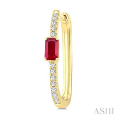 1/5 Ctw Emerald Cut 5X3MM Ruby and Round Cut Diamond Precious Hoop Earring in 10K Yellow Gold