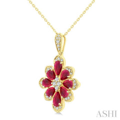 1/6 Ctw Floral Motif 5X3MM & 4X3MM Pear Cut Ruby and Round Cut Diamond Precious Pendant With Chain in 10K Yellow Gold