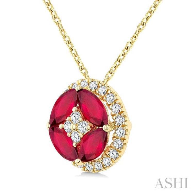 5X2.5MM Marquise Cut Ruby and 1/6 Ctw Circle Round Cut Diamond Precious Fashion Pendant With Chain in 10K Yellow Gold