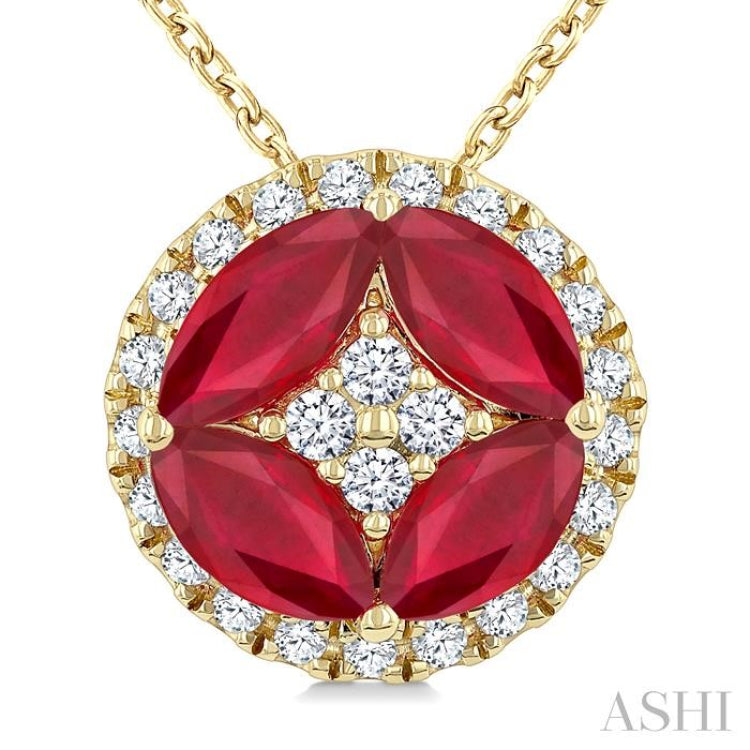 5X2.5MM Marquise Cut Ruby and 1/6 Ctw Circle Round Cut Diamond Precious Fashion Pendant With Chain in 10K Yellow Gold