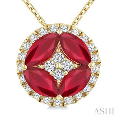 5X2.5MM Marquise Cut Ruby and 1/6 Ctw Circle Round Cut Diamond Precious Fashion Pendant With Chain in 10K Yellow Gold